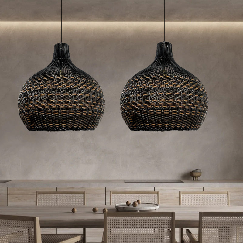 Large Black Rattan Herringbone Pendant