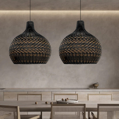 Large Black Rattan Herringbone Pendant