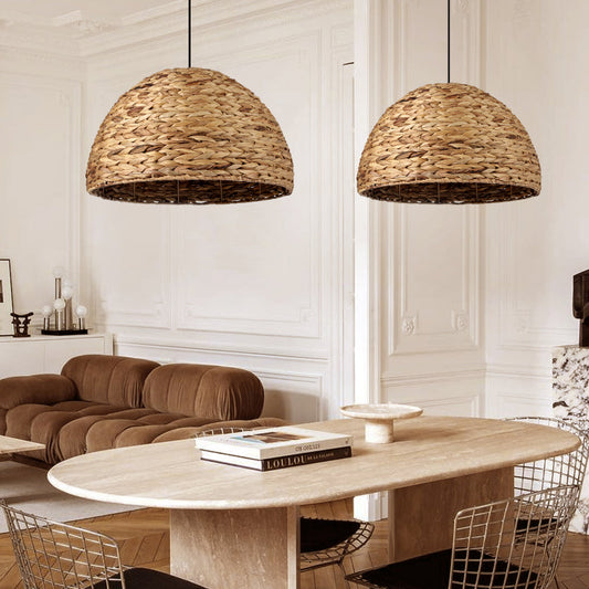 Retro Semicircle Straw Rattan Dining Room Hanging Lampshade-[Modern pendant lighting for bedroom and living space]-Demolights UK
