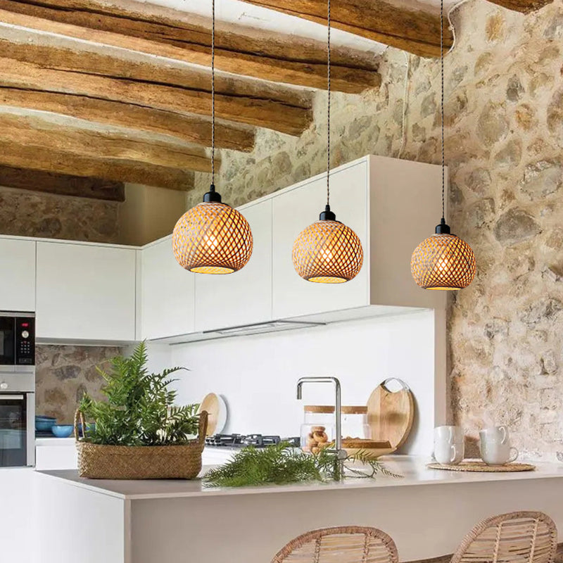 Minimal Bamboo Woven Kitchen Island Hanging Lamp-[Modern pendant lighting for bedroom and living space]-Demolights UK