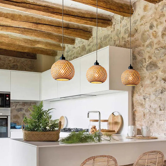 Minimal Bamboo Woven Kitchen Island Hanging Lamp-[Modern pendant lighting for bedroom and living space]-Demolights UK