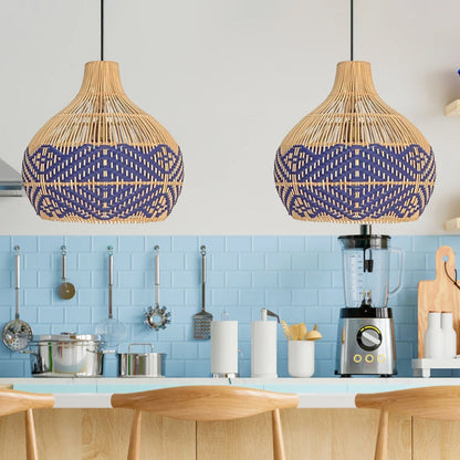 Rattan Pendant Light Handmade Blue Hanging Wicker Lamp Shade-[Modern pendant lighting for bedroom and living space]-Demolights UK