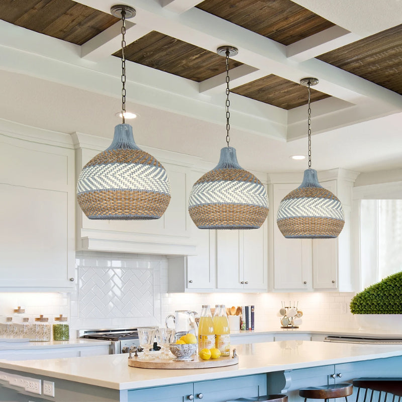 Handwoven Blue Rattan Herringbone Pendant