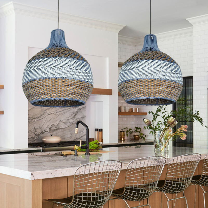 Handwoven Blue Rattan Herringbone Pendant