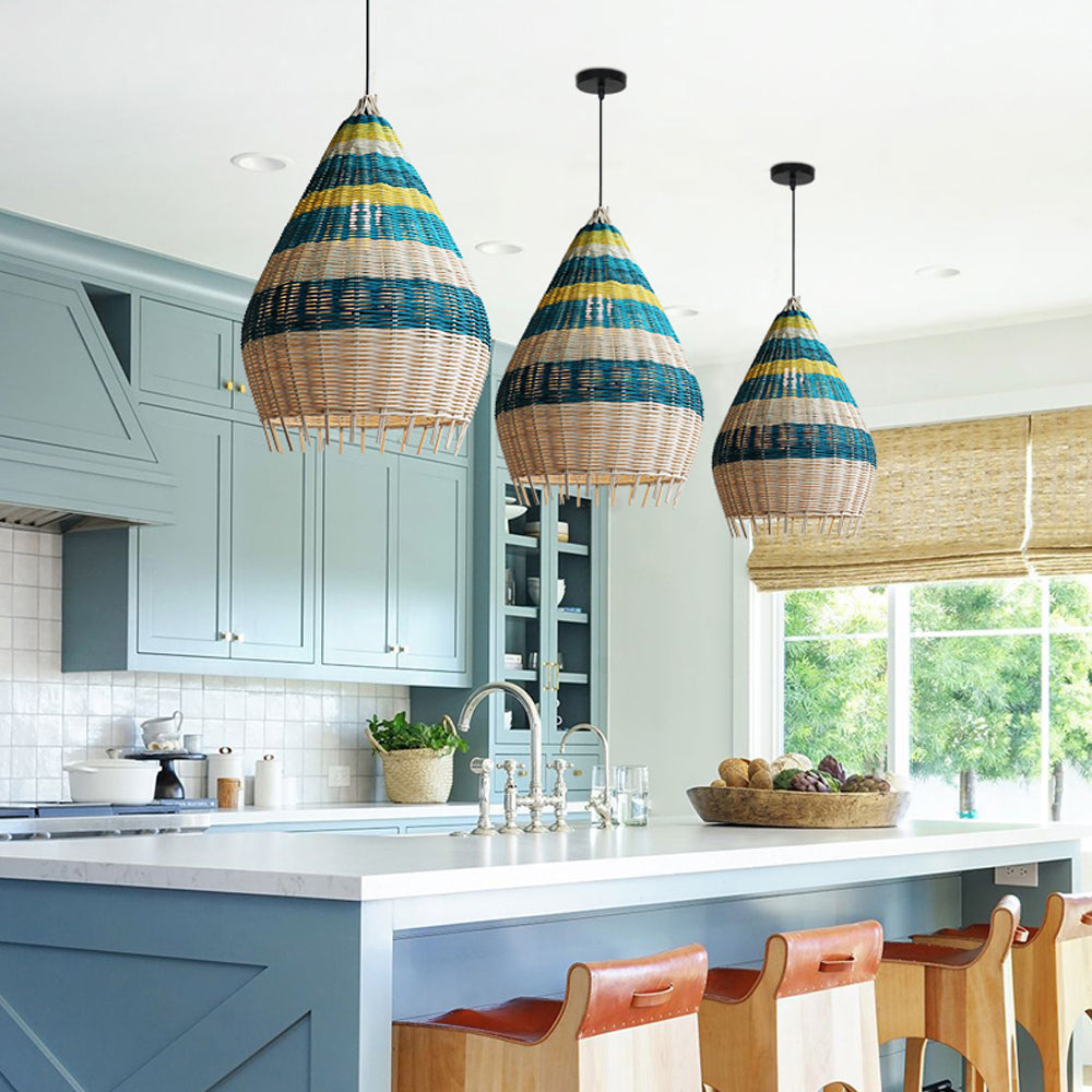 Blue Rattan Kitchen Island Pendant