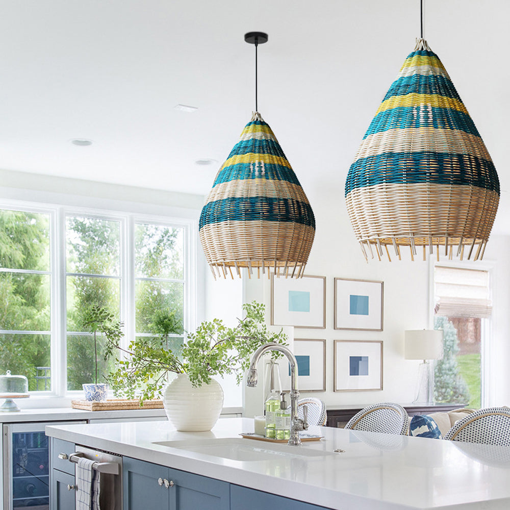 Blue Rattan Kitchen Island Pendant