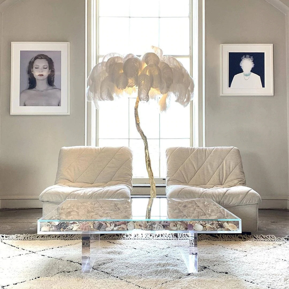 Luxury Ostrich Feather Brass Floor Lamp-[Modern pendant lighting for bedroom and living space]-Demolights UK