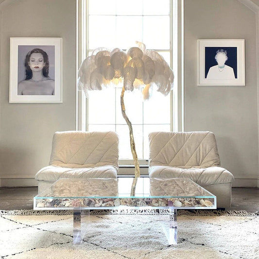 Luxury Ostrich Feather Brass Floor Lamp-[Modern pendant lighting for bedroom and living space]-Demolights UK