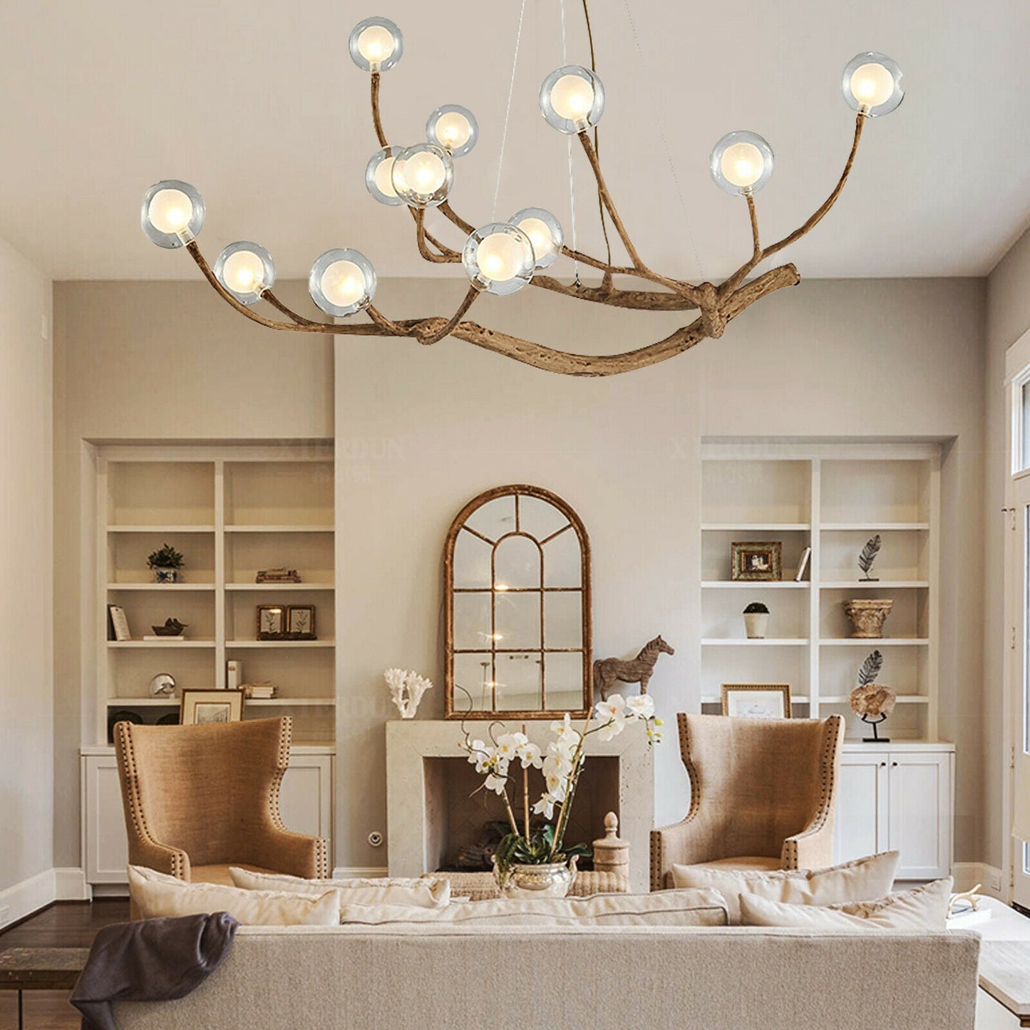 Organic Tree Branch Glass Globe Chandelier