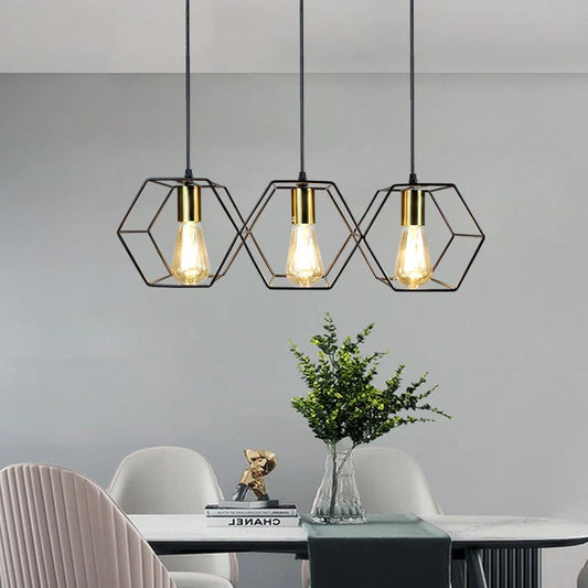 3/5 Light Metal Rod Hanging Lamp With Geometric Iron Frame Dining Room Chandelier-[Modern pendant lighting for bedroom and living space]-Demolights UK