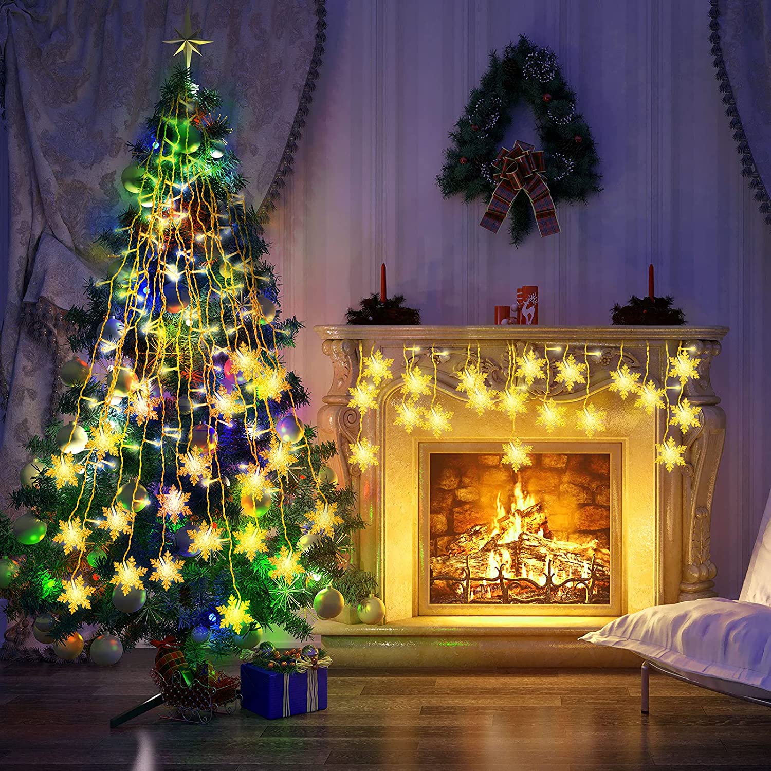 LED Snowflake Curtain String Lights Plug-in Curtain Lights with 8 Modes Decoration-[Modern pendant lighting for bedroom and living space]-Demolights UK