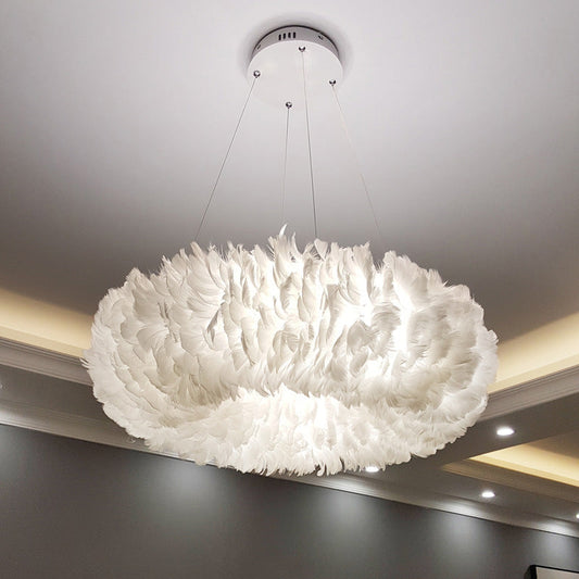 Nordic Ring Feather Chandelier White Fluffy Lamp Shade Pendant Light-[Modern pendant lighting for bedroom and living space]-Demolights UK