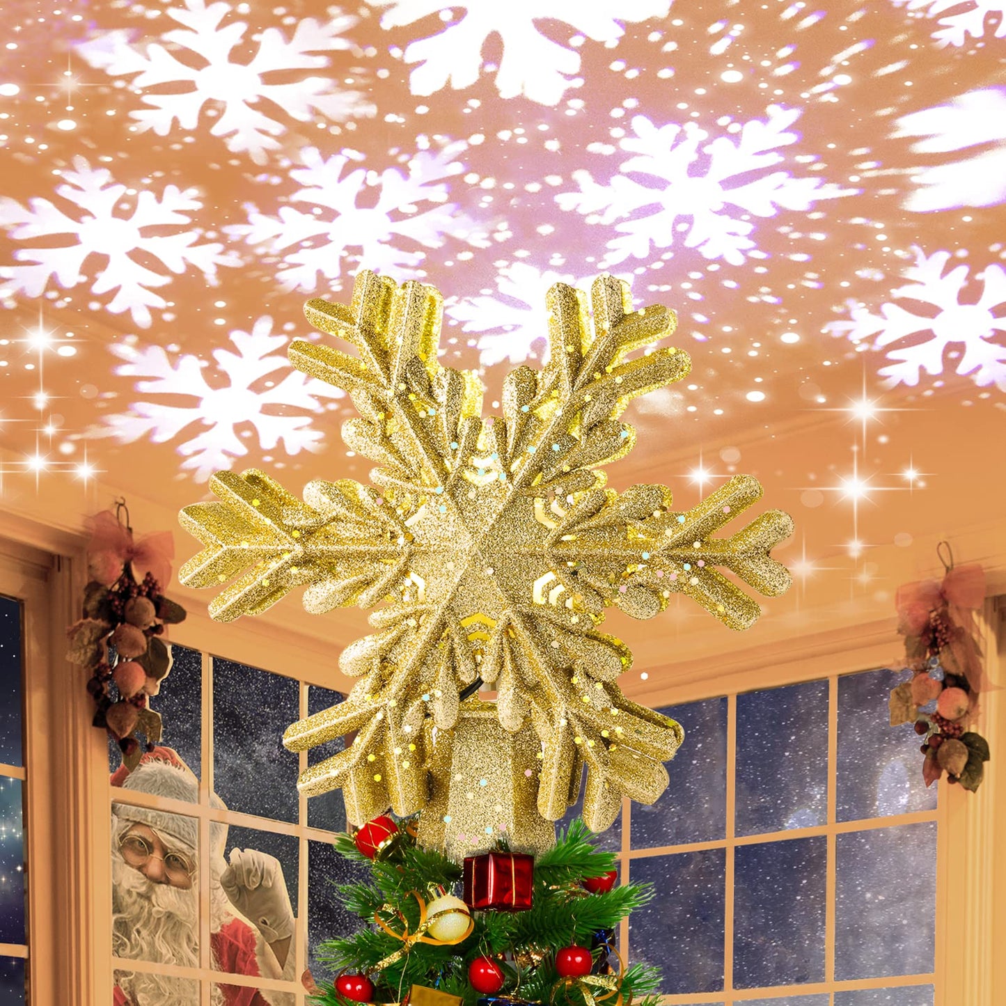 Christmas Tree Xmas Topper Lighted Snowflake LED Rotating Lamp-[Modern pendant lighting for bedroom and living space]-Demolights UK