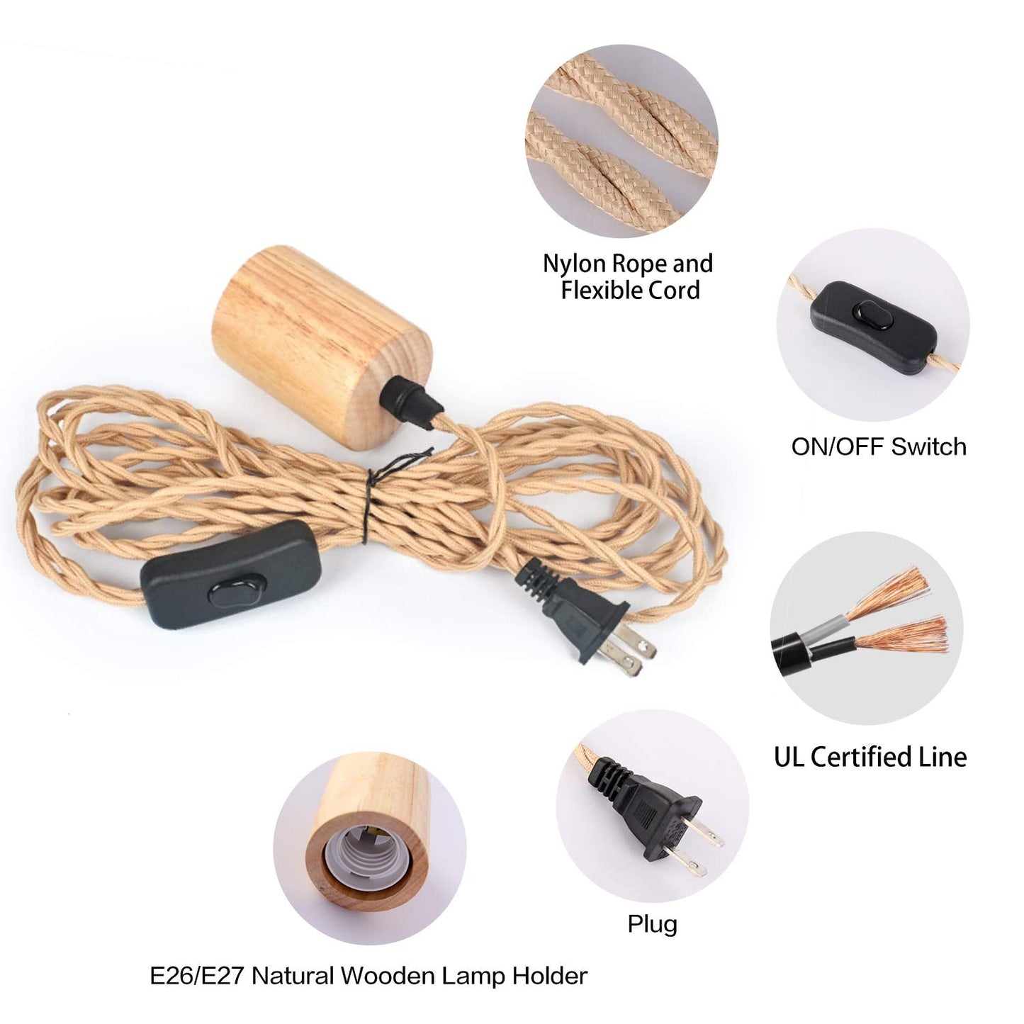 Wood and Rope Pendant Cord Kit with Switch