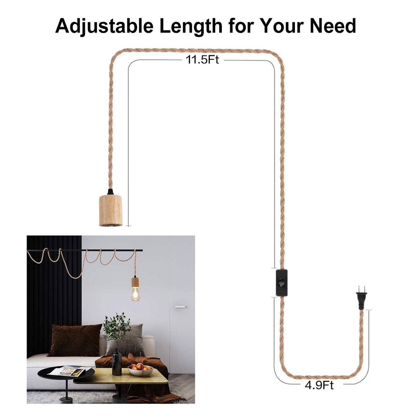 Wood and Rope Pendant Cord Kit with Switch
