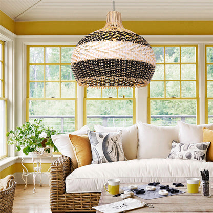 Black and White Wave Rattan Pendant