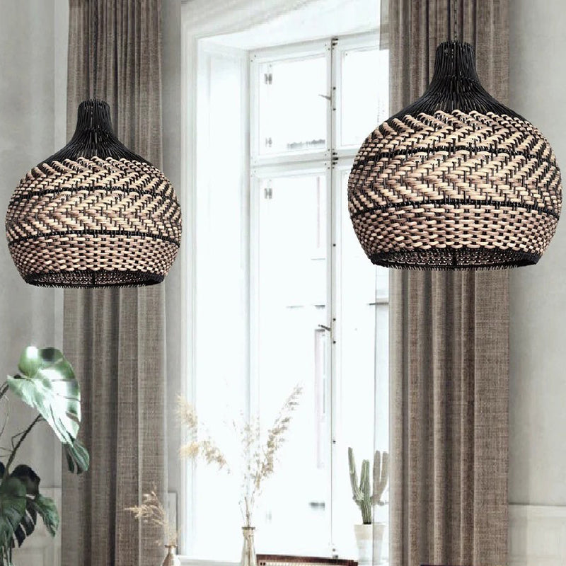 Two-Tone Black and Natural Rattan Bell