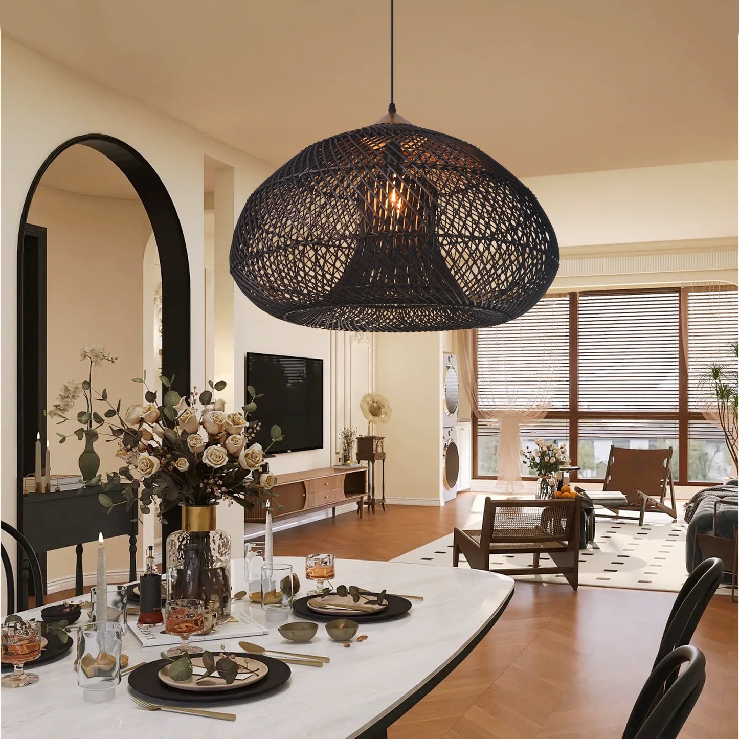 Double-Layer Rattan Basket Chandelier