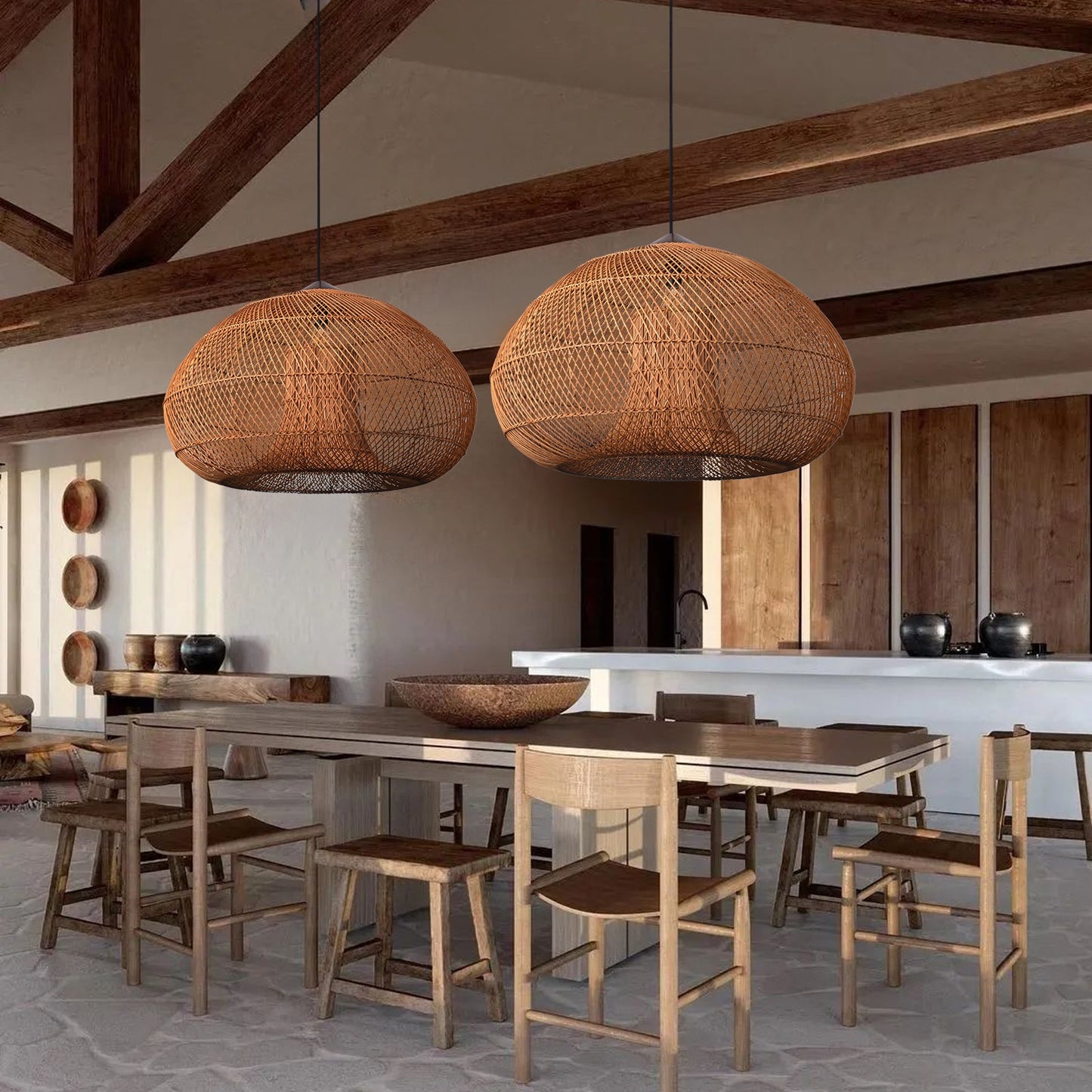 Double-Layer Rattan Basket Chandelier