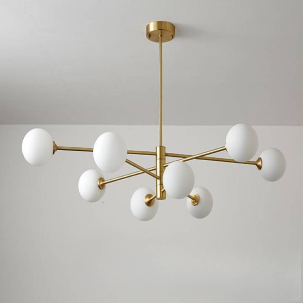 Gold Sputnik Chandelier with Milk Glass Globes