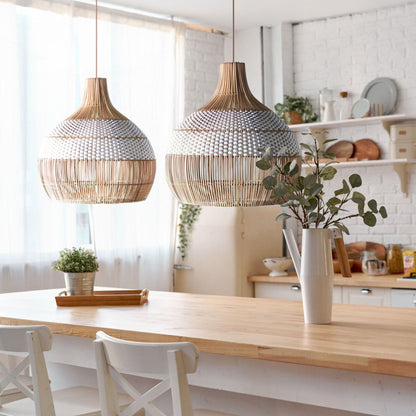 Two-Tone White Band Rattan Bell Pendant
