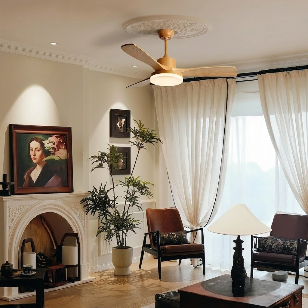Natural Wood Finish LED Ceiling Fan