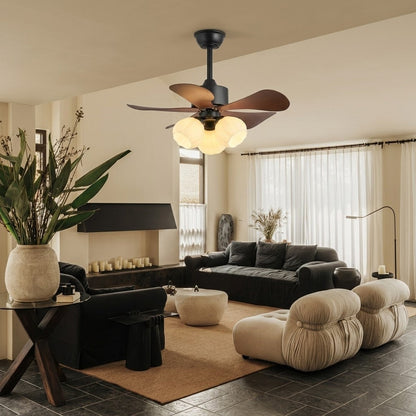 Wood Effect Fan with Flower Glass Shades