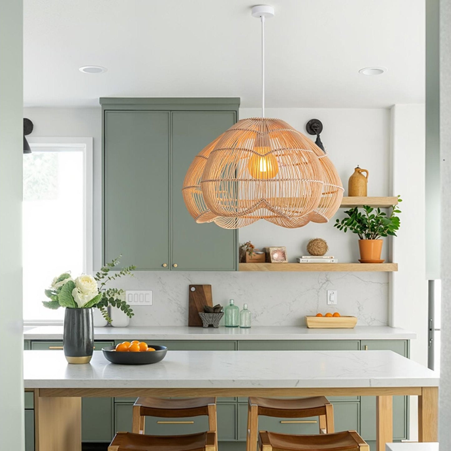 Rattan Scalloped Fluted Dome Pendant