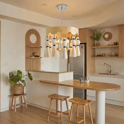 Wood-Effect Tassel Chandelier, 6 Light