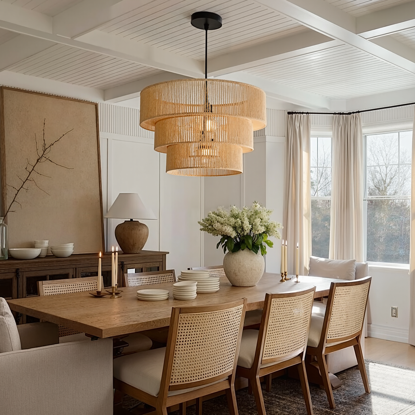 Three-Tier Jute Rope Drum Chandelier