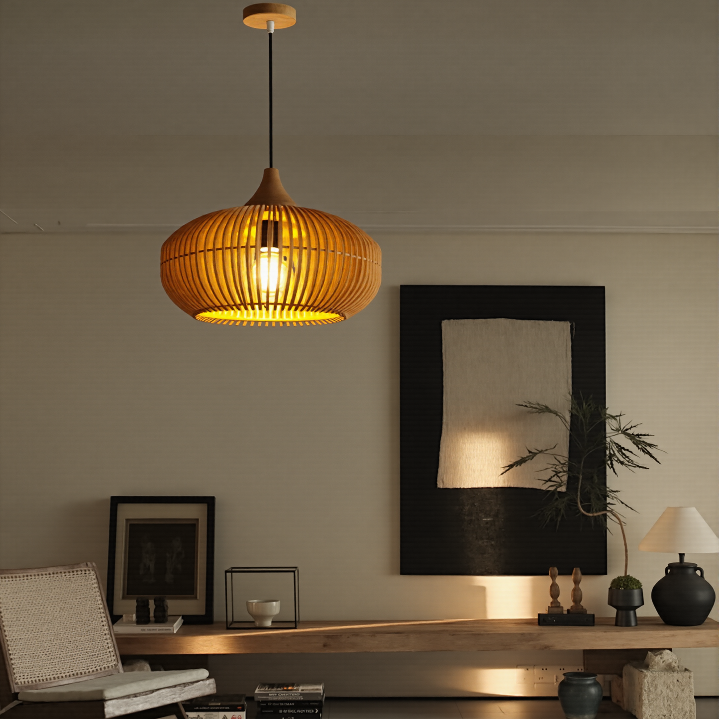 Modern slatted wood pumpkin pendant light in walnut and natural finishes with adjustable 2M cord for Japandi dining room decor