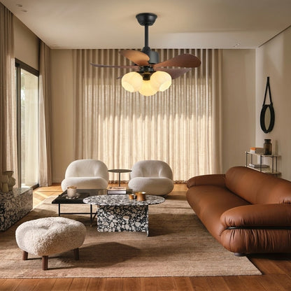 Wood Effect Fan with Flower Glass Shades