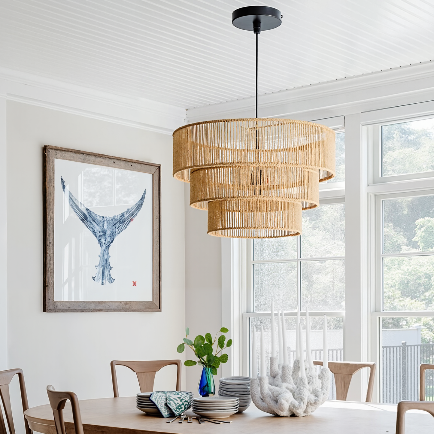 Three-Tier Jute Rope Drum Chandelier