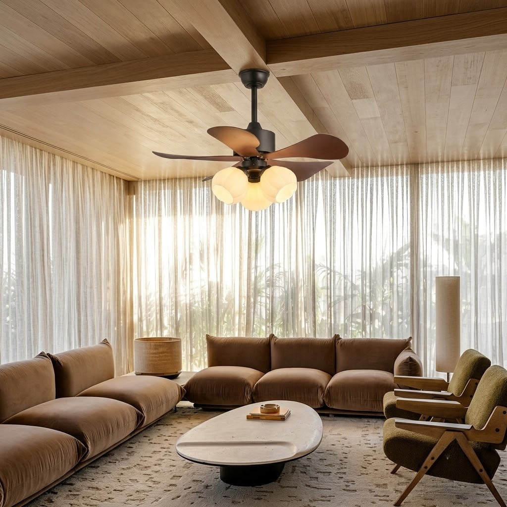 Wood Effect Fan with Flower Glass Shades