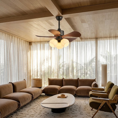 Wood Effect Fan with Flower Glass Shades