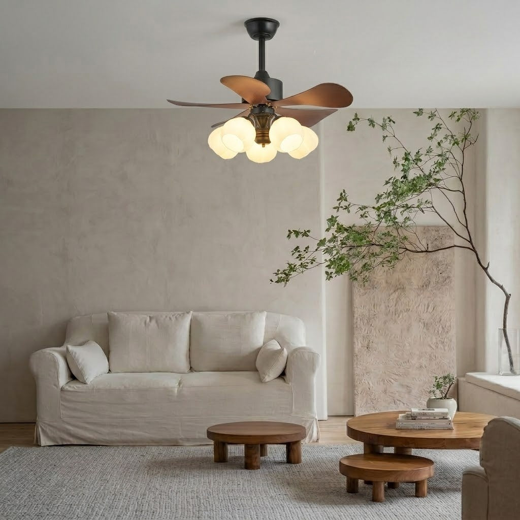 Wood Effect Fan with Flower Glass Shades