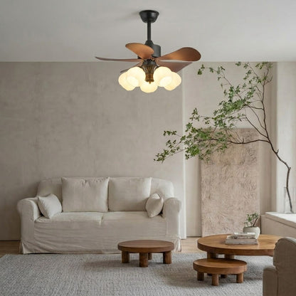 Wood Effect Fan with Flower Glass Shades