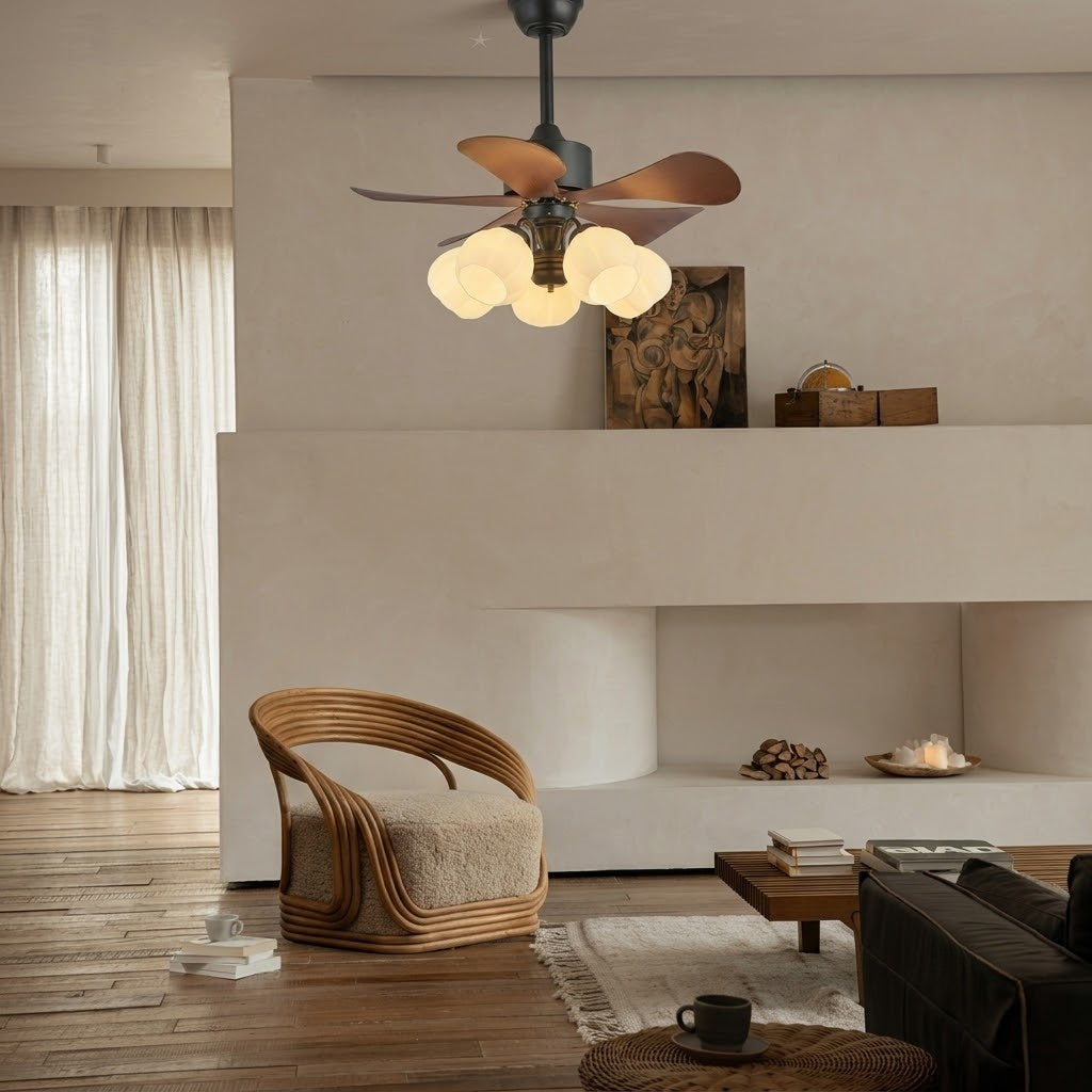 Wood Effect Fan with Flower Glass Shades