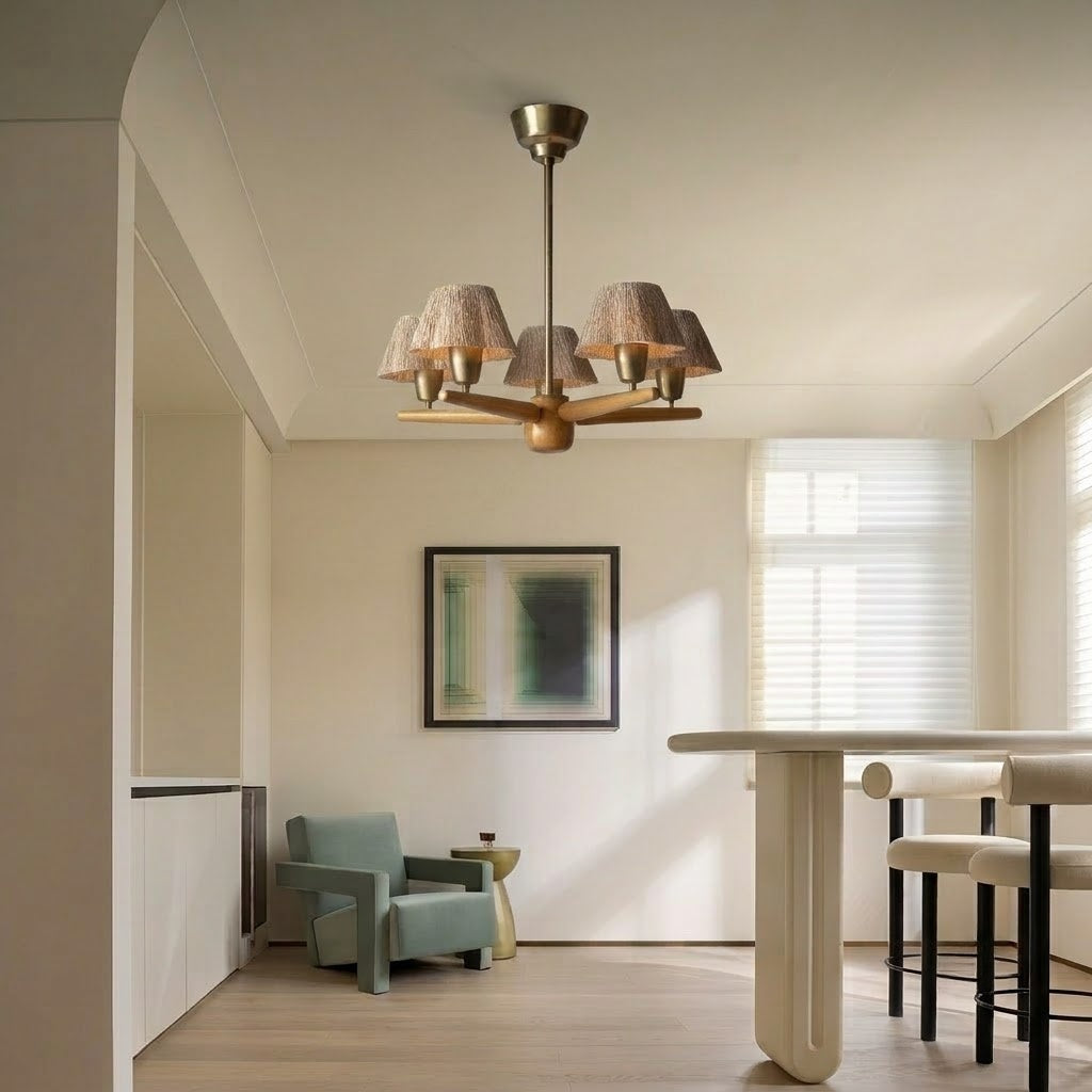 Solid Wood and Brass 5-Light Chandelier
