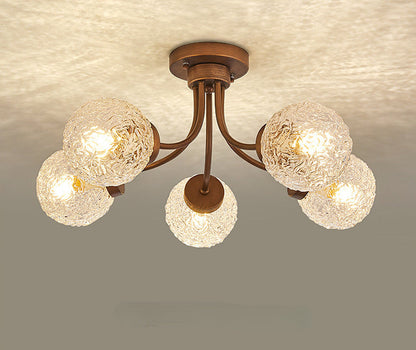 French Vintage Wood and Glass Ceiling Light