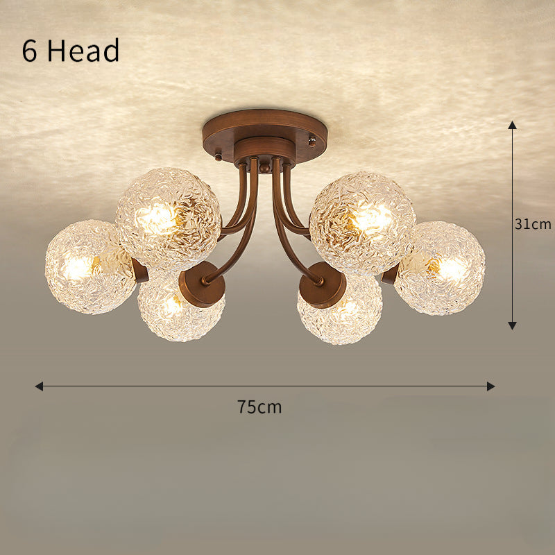 French Vintage Wood and Glass Ceiling Light
