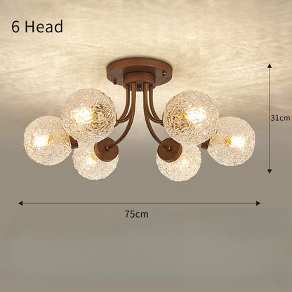 French Vintage Wood and Glass Ceiling Light