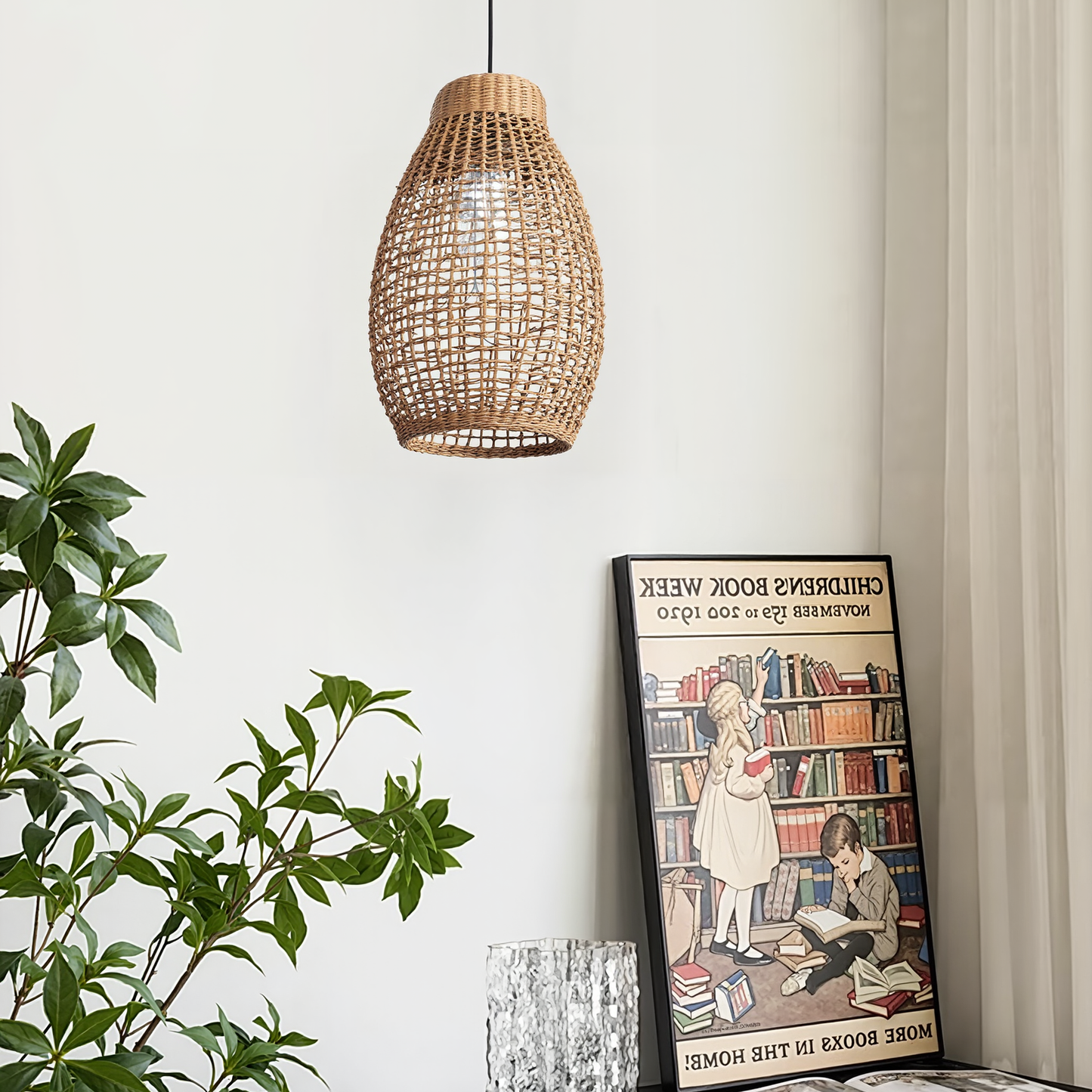 Hand-Woven Rattan Teardrop Pendant