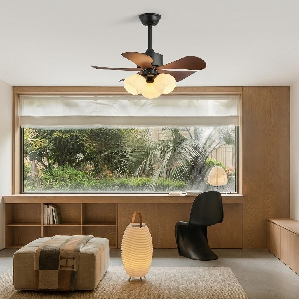 Wood Effect Fan with Flower Glass Shades