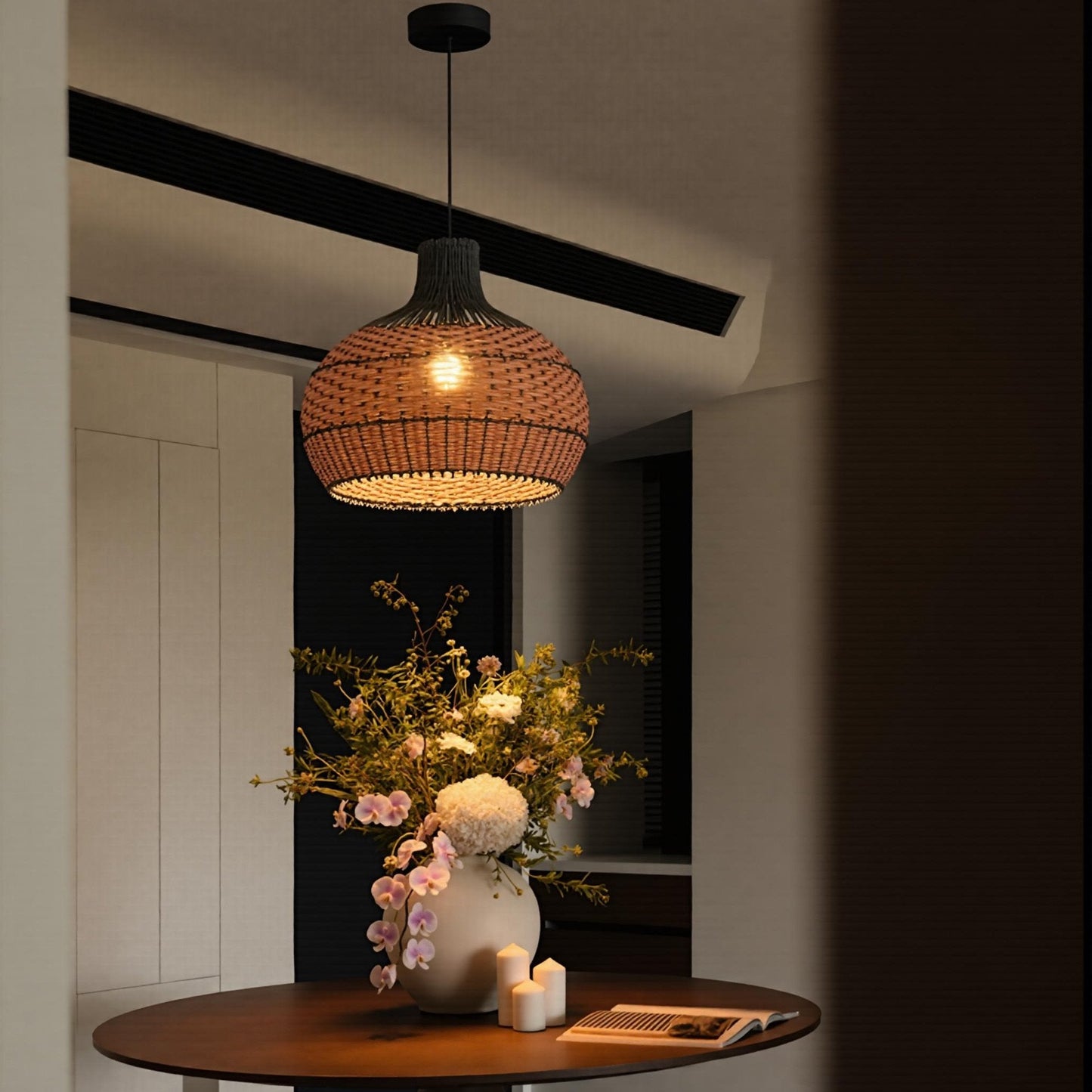 Two-Tone Black and Natural Rattan Bell
