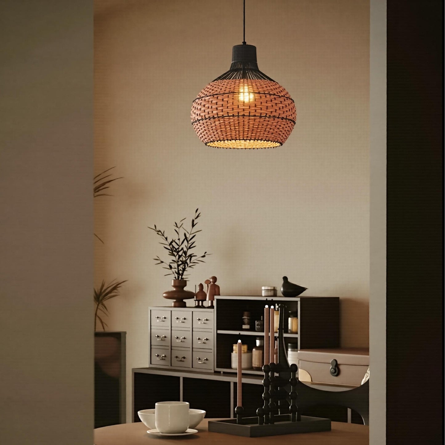 Two-Tone Black and Natural Rattan Bell