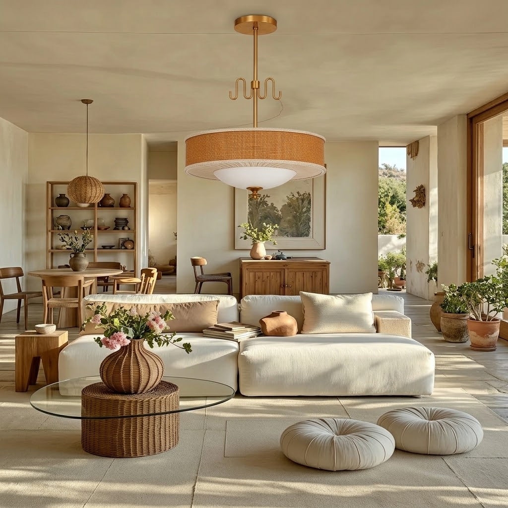 Rattan and Brass Pendant Light