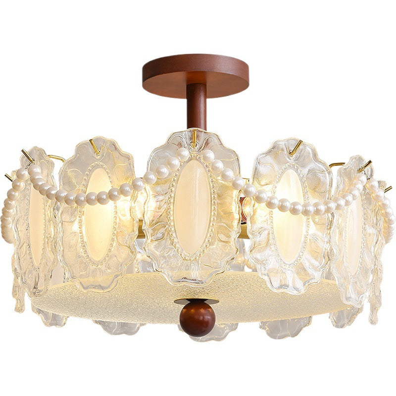 French Glass and Wood Ceiling Lamp