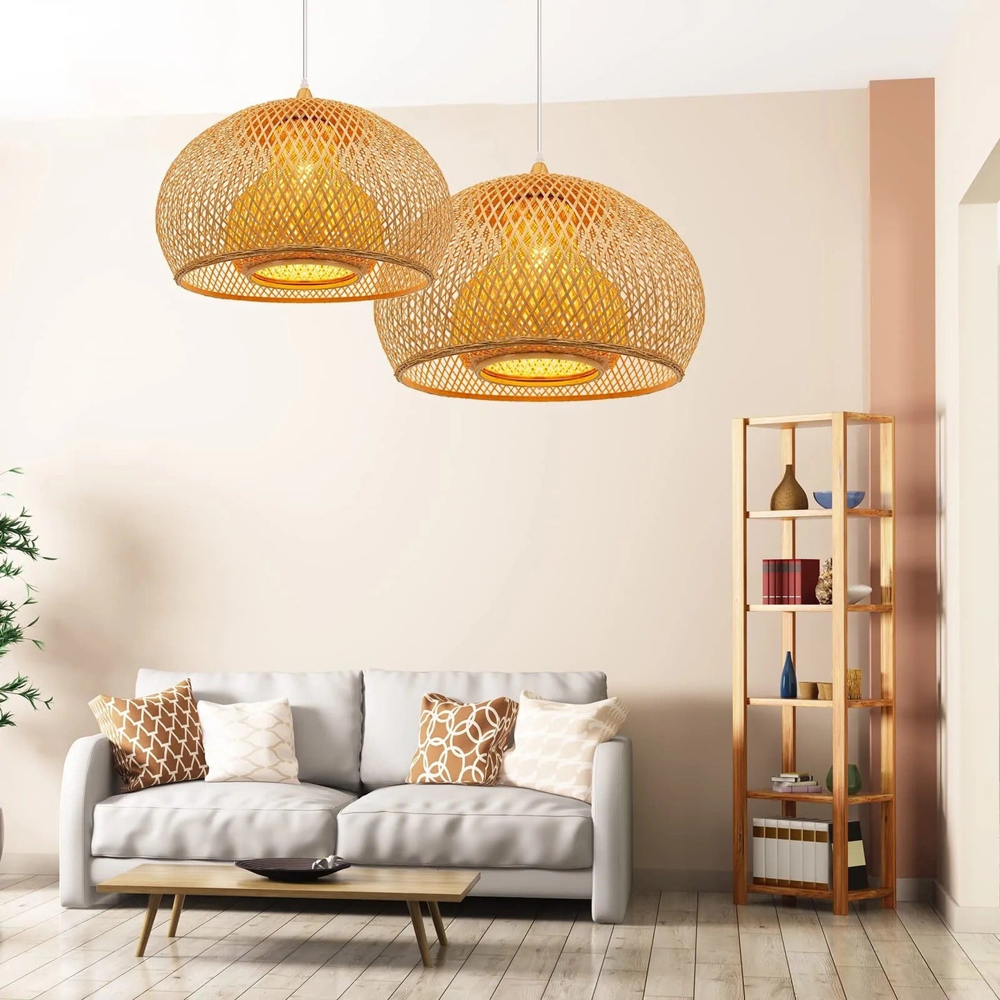 Bamboo Drum Hanging Ceiling Lights Woven Chandelier Lamp Shades-[Modern pendant lighting for bedroom and living space]-Demolights UK