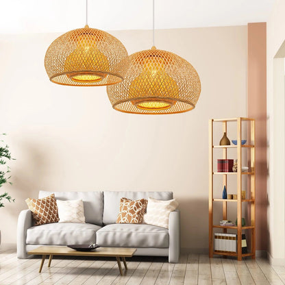 Bamboo Drum Hanging Ceiling Lights Woven Chandelier Lamp Shades-[Modern pendant lighting for bedroom and living space]-Demolights UK